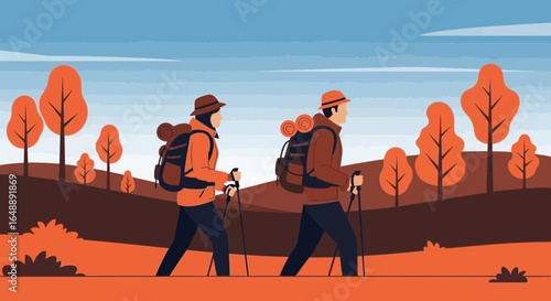 Adventurous Couple Enjoying Hiking in Scenic Autumn Landscape Vector Illustration