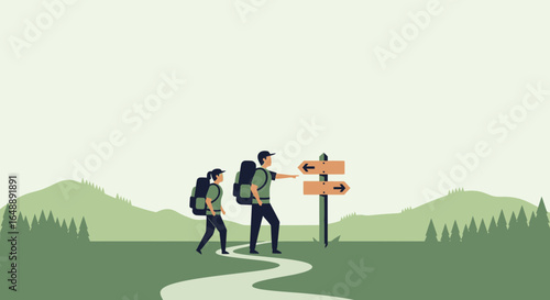 Adventurous Couple Deciding Direction On Hiking Trail In Forest Landscape