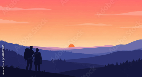 Adventurous Couple Enjoying Scenic Mountain Vista at Sunset Hiking Together