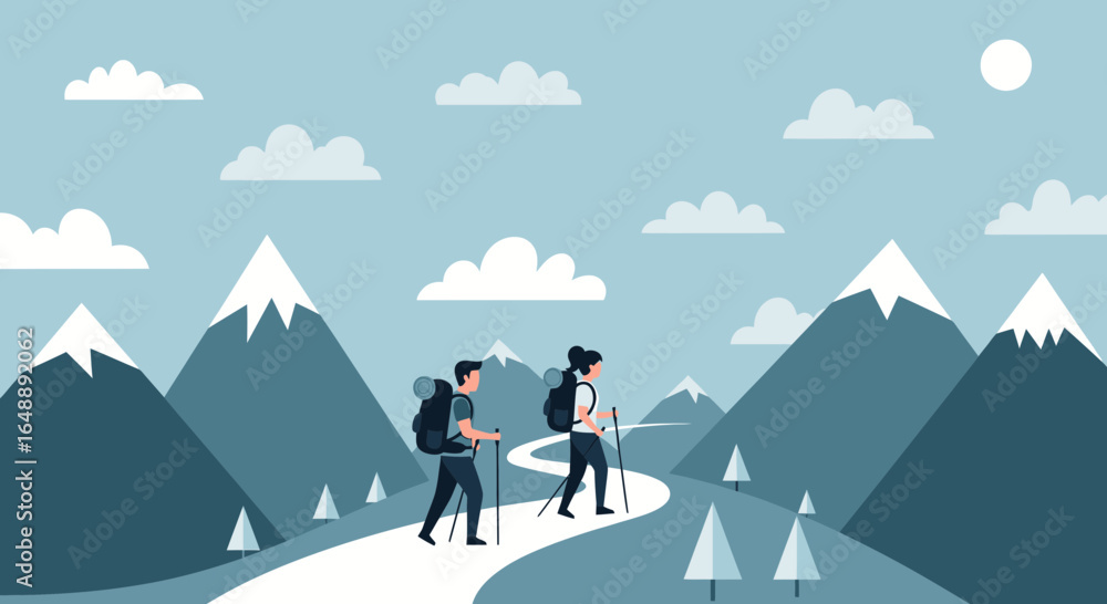 Adventurous Couple Trekking Through Serene Mountain Landscape on Vacation Trip Adventurous Couple Trekking Through Serene Mountain Landscape on Vacation Trip