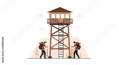 Adventurous Couple Hiking Near Fire Lookout Tower In A Scenic Mountain Landscape