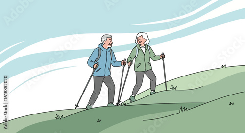 Active Seniors Enjoying Nordic Walking On a Sunny Day In Nature