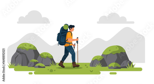 Active Person Hiking On Mountain Trail With Backpack And Trekking Poles