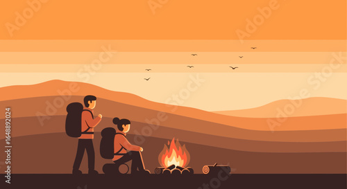 Adventurous Couple Relaxing Near Campfire During Sunset in The Mountains