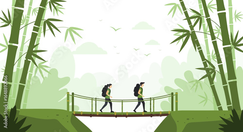 Adventurous Couple Trekking Through Lush Bamboo Forest on Suspension Bridge