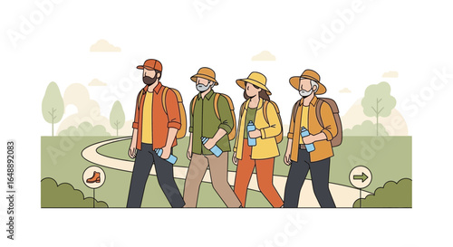 Active Seniors Enjoying Trekking On A Scenic Pathway Through Green Nature Park