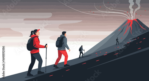 Adventurous Couple Trekking Up A Volcanic Mountain In A Remote Landscape