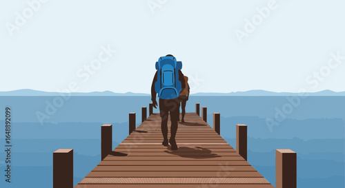 Adventurous Couple Walking On Wooden Pier Towards the Ocean with Backpacks