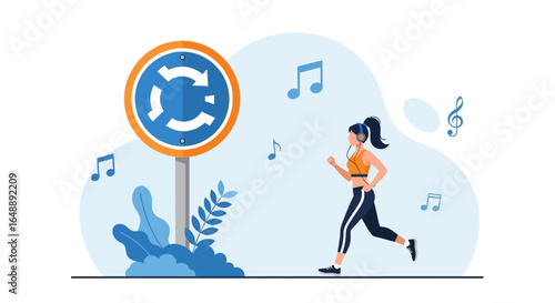 Active Woman Runs With Music Near Roundabout Road Sign For Fitness Exercise