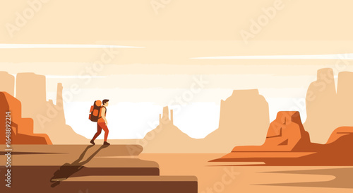 Adventurous Explorer Conquering Majestic Desert Landscape With Backpack Hiking Alone