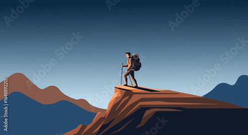 Adventurous explorer standing on a mountain peak in a minimalist vector style illustration