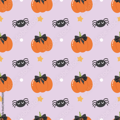Happy halloween seamless pattern. Hello october concept. Cute pumpkin with black coquette bow and spider for spooky night, fabric vector flat illustration.