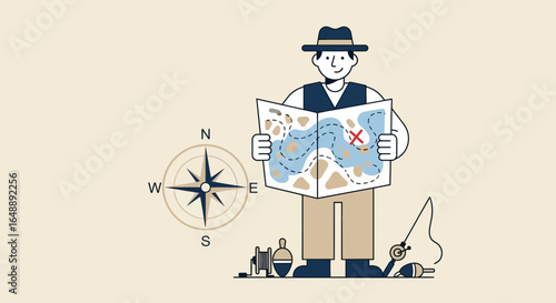 Adventurous Fisherman Planning A Treasure Hunt With A Traditional Map