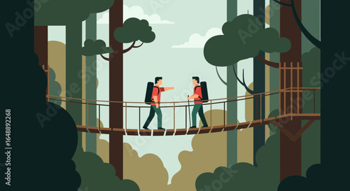 Adventurous Friends Trekking Forest Canopy: Exploration And Connection In Nature