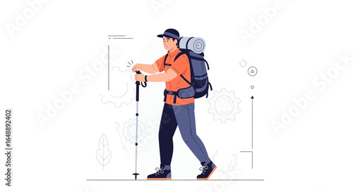 Adventurous Hiker Climbing Mountain With Backpack And Trekking Poles Vector