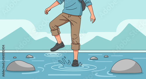 Adventurous Hiker Crosses A Mountain Stream With Stones In The Wilderness