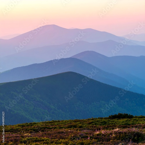 Mountain range at dawn.  Misty, colorful peaks