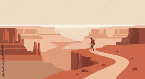 Adventurous Hiker Exploring Dramatic Canyon Landscapes Under A Desert Sky