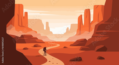 Adventurous Hiker Exploring Majestic Canyon Landscapes In A Desert Setting