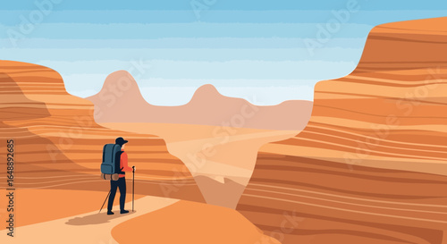 Adventurous Hiker Exploring Majestic Desert Canyon Under A Clear Blue Sky