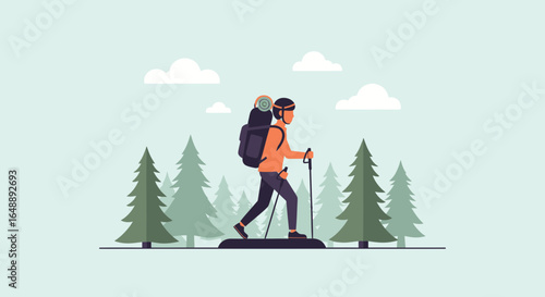 Adventurous Hiker Exploring Nature Trails in Scenic Forest Landscape Illustration