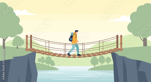 Adventure Awaits Hiker Crossing Suspension Bridge In Scenic Landscape