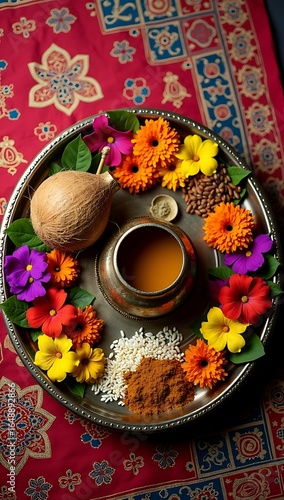 Top view of traditional Ganesh Chaturthi puja thali with kalash, coconut, flowers, turmeric, kumkum, rice grains, and decorated betel leaves, on colorful ethnic cloth.
