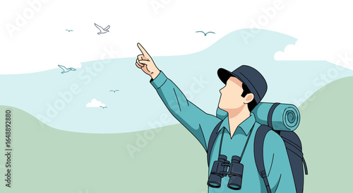 Adventurous Hiker Points At Distant Birds On A Scenic Mountain Trail