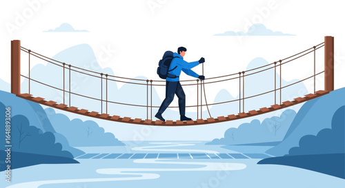 Adventure Awaits Man Hiking Across Suspended Bridge In Mountainous Landscape