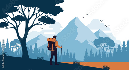Adventurous Hiker Standing In Nature Admiring Majestic Mountain Scenery And Woodland Trees