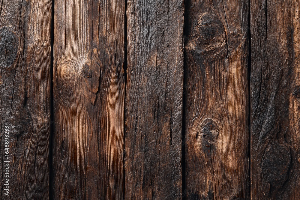 Fototapeta premium Aged, dark brown wood planks, vertical grain. Close-up texture