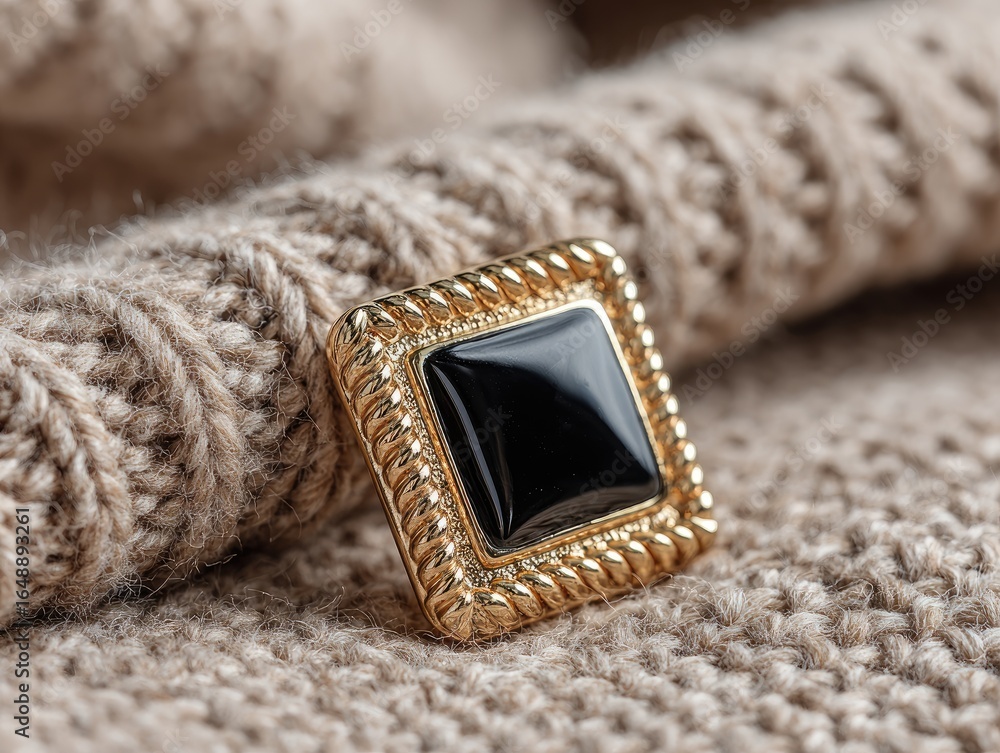 Fototapeta premium Gold-toned square brooch with black stone on beige knit
