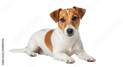 Fotografie Isolated Jack Russell Terrier puppy lying down, white background