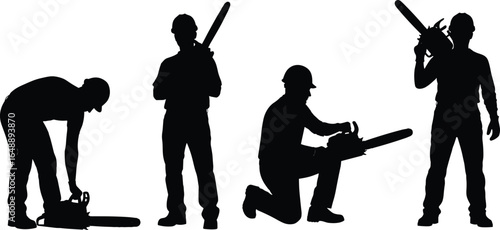 Silhouette of workers holding chainsaw, safety helmet, standing and kneeling positions, construction equipment, forestry tool, industrial labor, black vector illustration, isolated background