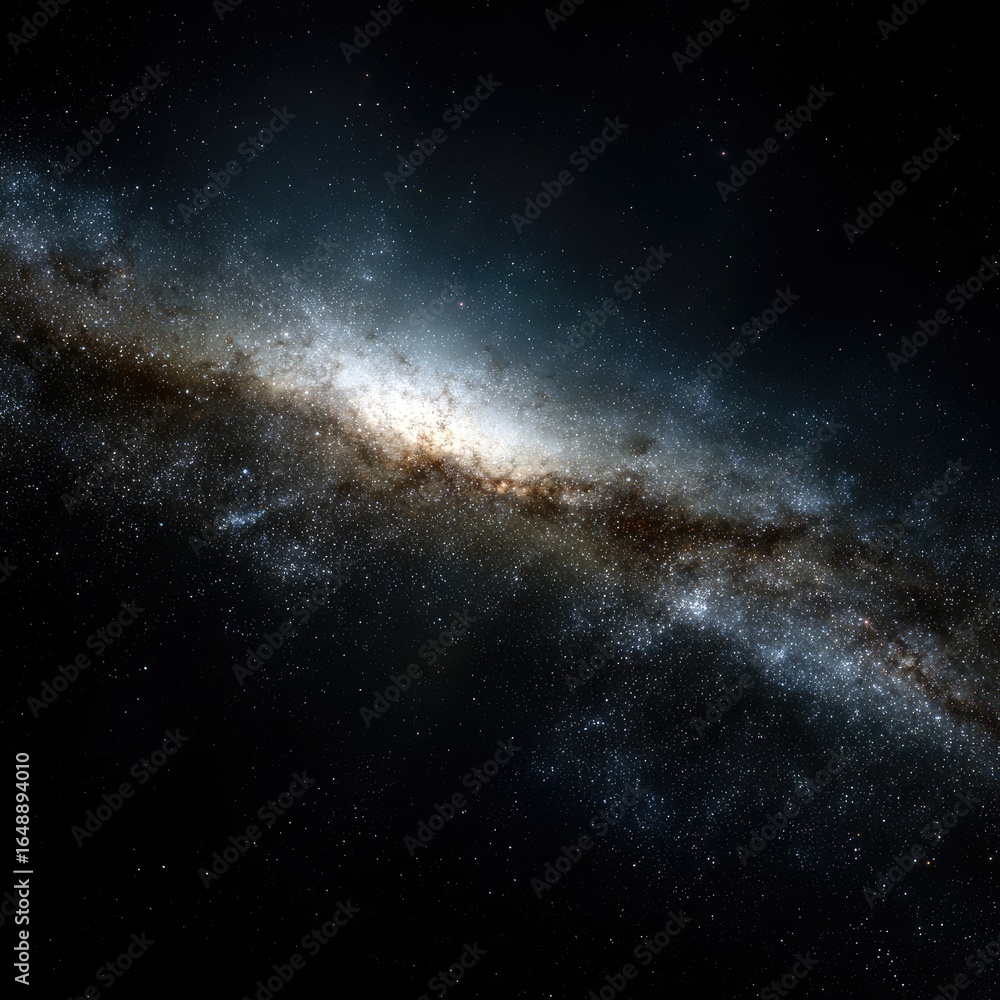 Fototapeta premium Cosmic spiral galaxy, dramatic colors, dark voids, star dust, swirling nebulae