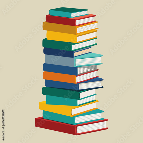 Tall stack of colorful books with a plain background