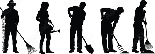 Silhouette people gardening with tools, man and woman working in garden, raking, shoveling, watering plants, outdoor agriculture, farming vector illustration