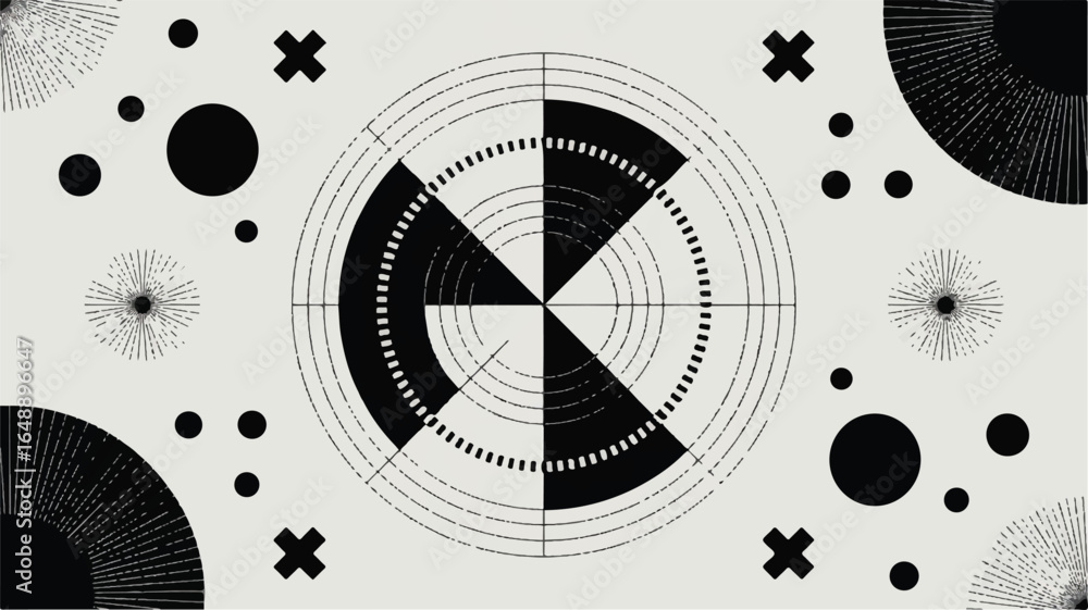 Obraz premium Retro Geometric Composition in Black and White with Concentric Circles Radiating Lines and Simple Shapes creating an abstract artistic background for creative projects