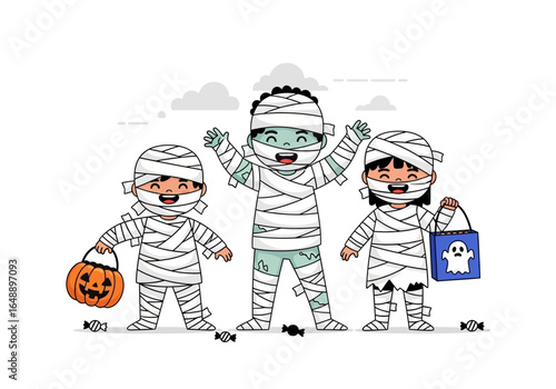Three kids in mummy costumes trick or treating. Halloween celebration. Suitable for halloween themed content, party invitations, and greeting cards.