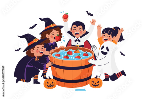 Children in costumes bob for apples at halloween party suitable for halloweenthemed events, party invitations, or autumn festivities marketing materials.