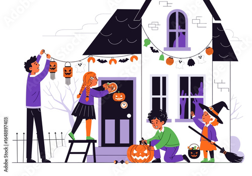 Family decorating house with halloween pumpkins and festive ornaments. Perfect for halloween home decor concept in stock photography and marketing.