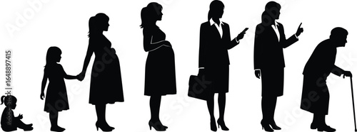Woman life stages silhouette, baby, child, pregnancy, career, motherhood, elderly, aging process, female evolution, growth, development, generational changes illustration