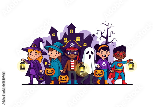 Children in halloween costumes trickortreating in front of a spooky house, ideal for halloween themed designs, party invitations, and promotions.