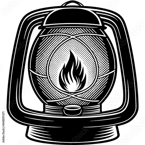 Vintage kerosene lantern with a glowing flame and intricate detailing