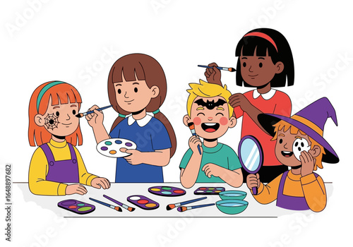 Children painting halloween designs on faces, giggling and having fun together. Suitable for halloweenthemed designs, childrens activities, playful illustrations.