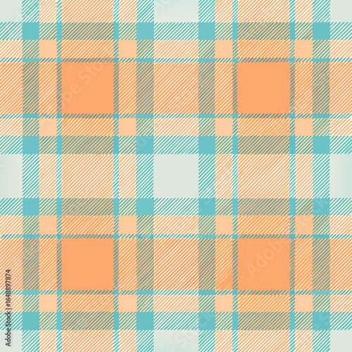 Seamless plaid pattern with orange and teal stripes and textured squares