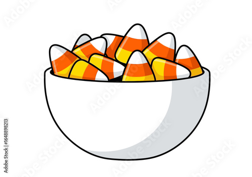 Bowl filled with white, orange, and yellow candy corn for halloween. Perfect for festive holidaythemed designs and social media content.