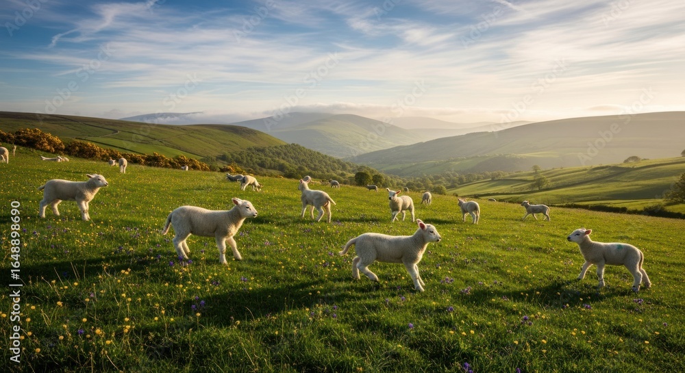 Obraz premium A sun-drenched hillside pasture, dotted with playful lambs. Rolling hills, a hazy mountain range in the distance, and a vibrant green landscape