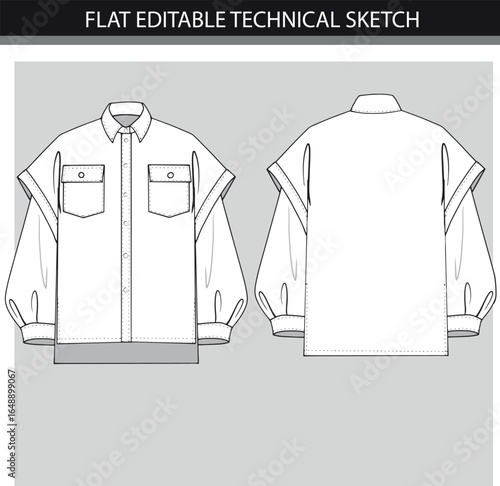 Flat Technical Sketch Shirt with Oversized Sleeves template. Front and back