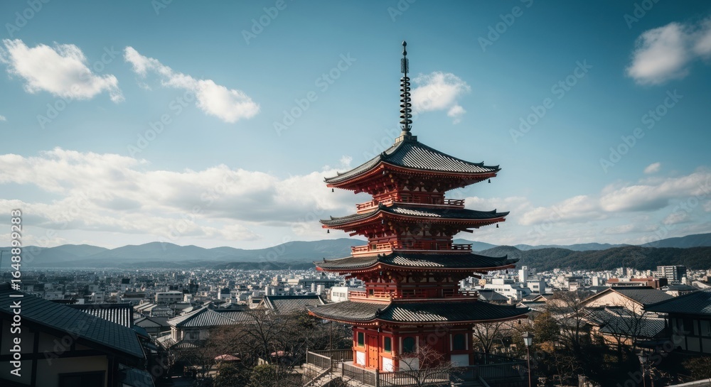 Obraz premium A vibrant red pagoda, three tiered, overlooking a Japanese city